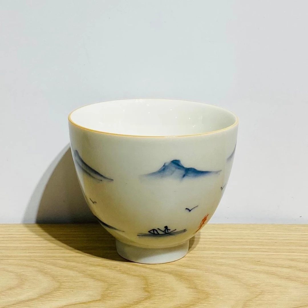 吾游茶器釉下青花山水手绘斗笠杯