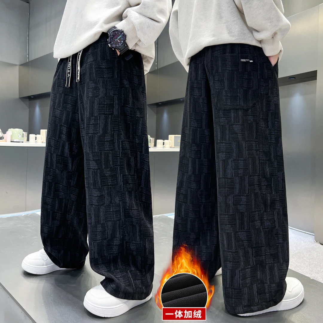 男童直筒裤子秋冬加绒2025中大童韩版长裤儿童秋季纹理休闲裤宽松