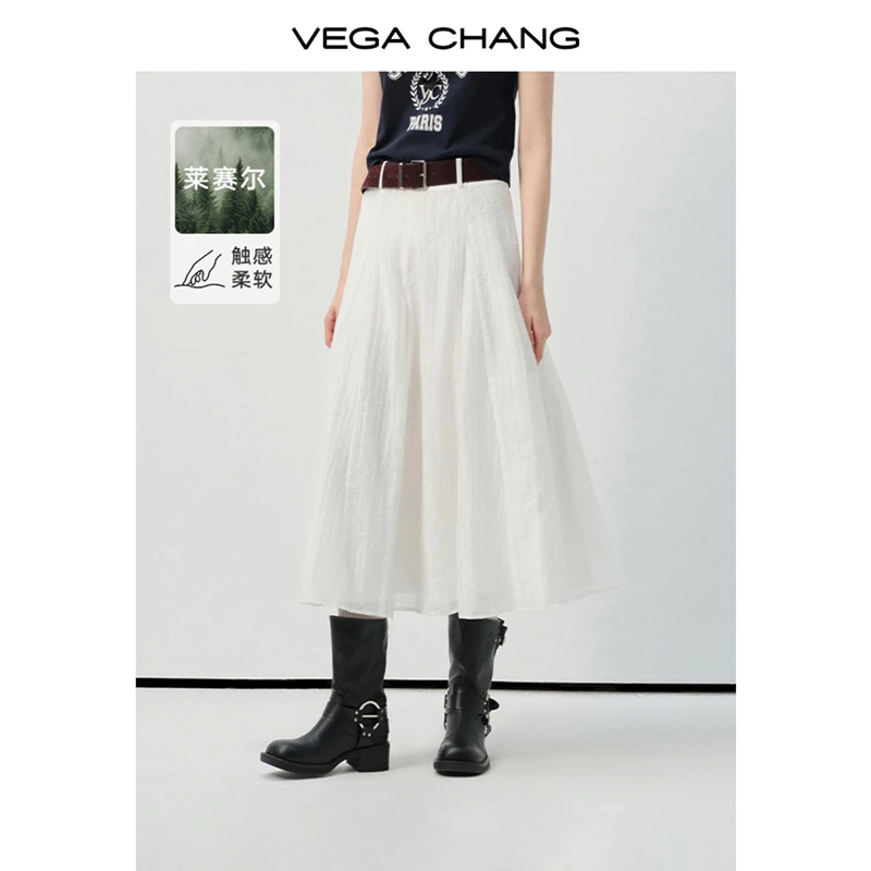 VEGA CHANG半身裙女2025新款秋季高腰压褶纹理显瘦A字中长款伞裙