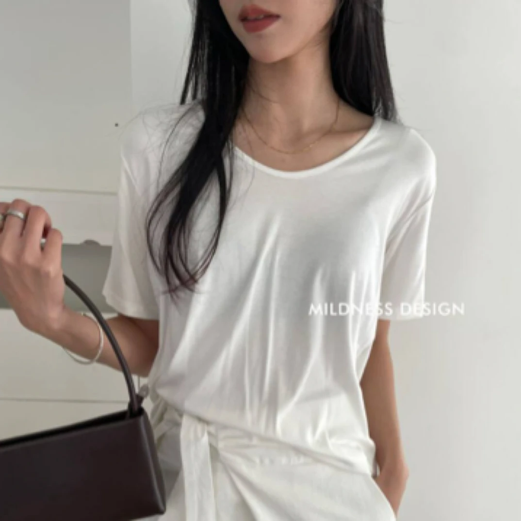 福利 美树 1052 韩系夏季V领简约时尚基础百搭打底T恤 衣长60