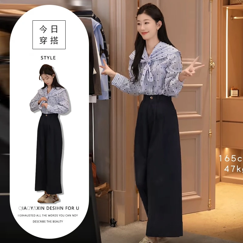 两件套显白复古港风绑带蝴蝶结海军领长袖波点衬衫收腰宽松阔腿裤