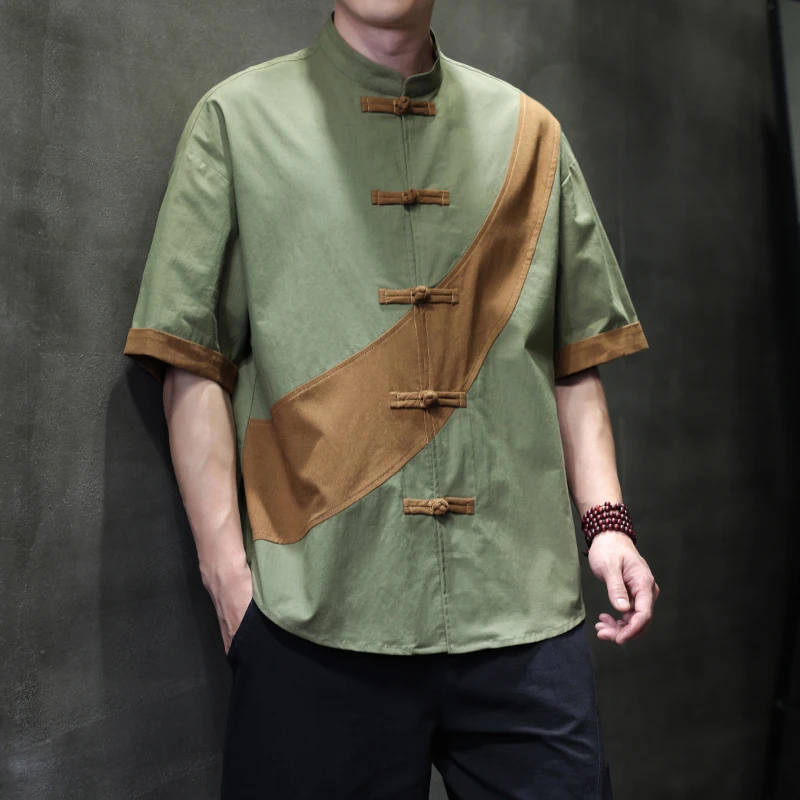 新中式穿搭 中国风撞色棉麻唐装衬衫男短袖 茶禅意 夏季 盘扣上衣