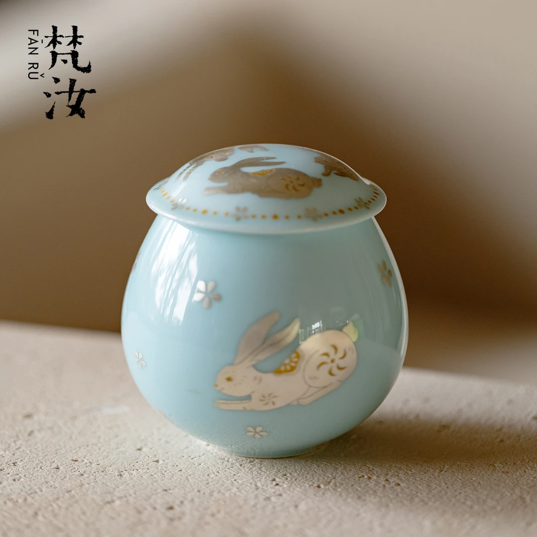 梵汝 错金银彩玉兔陶瓷茶叶罐高端玉瓷储存罐密封罐小号迷你茶仓