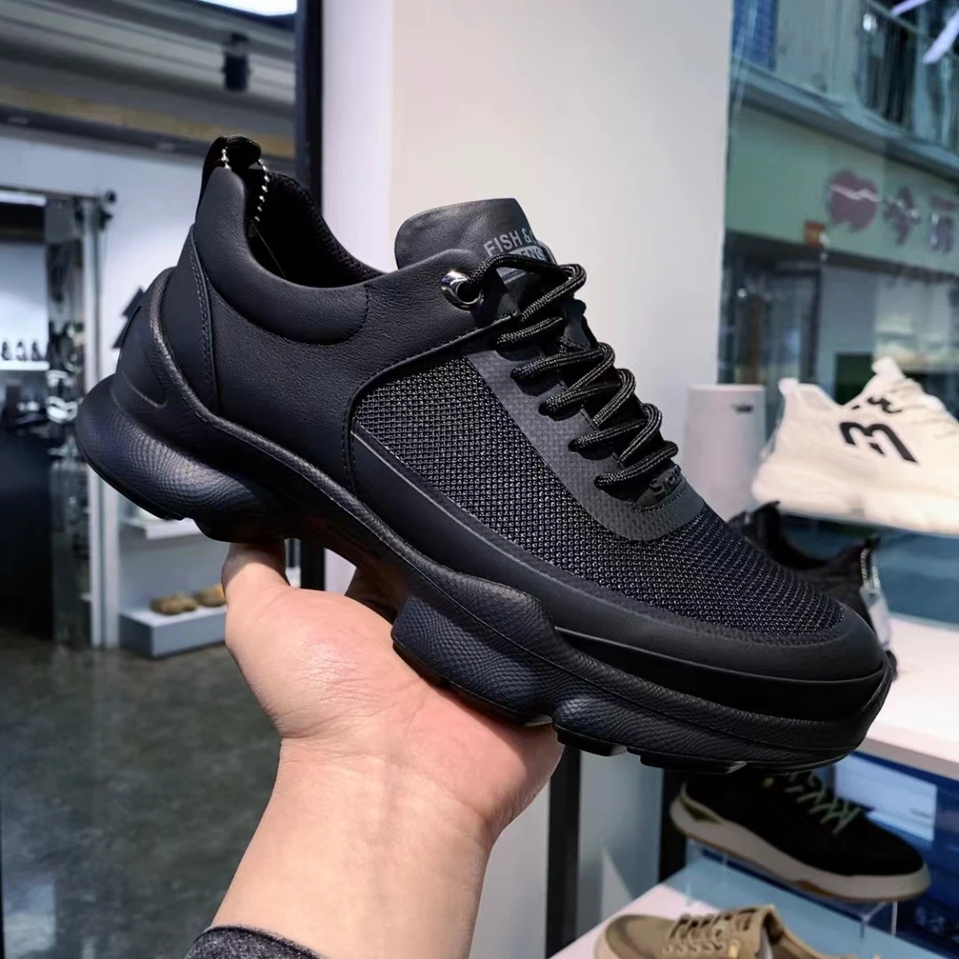 男鞋2025新款夏季透气网面运动鞋轻便厚底增高黑色百搭户外休闲鞋