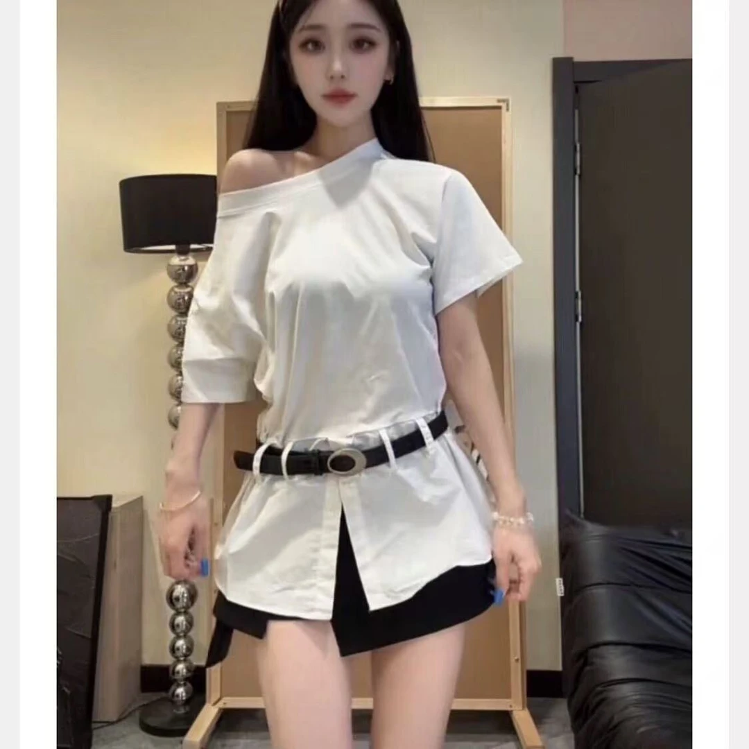 哥弟阿玛施正品套装女夏季新款港风韩系气质拼接短袖恤上衣高腰显