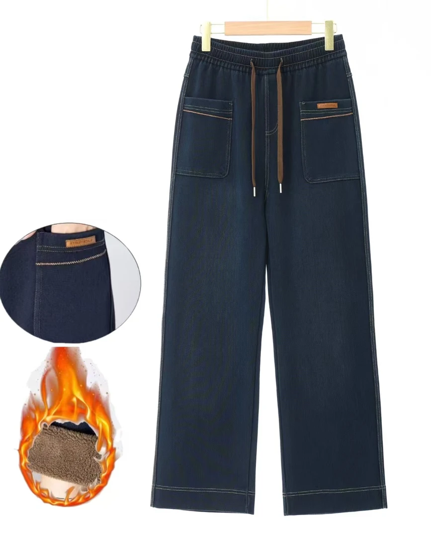 金标人字纹加绒款  冬季高腰大口袋软牛仔直筒裤时尚百搭休闲裤