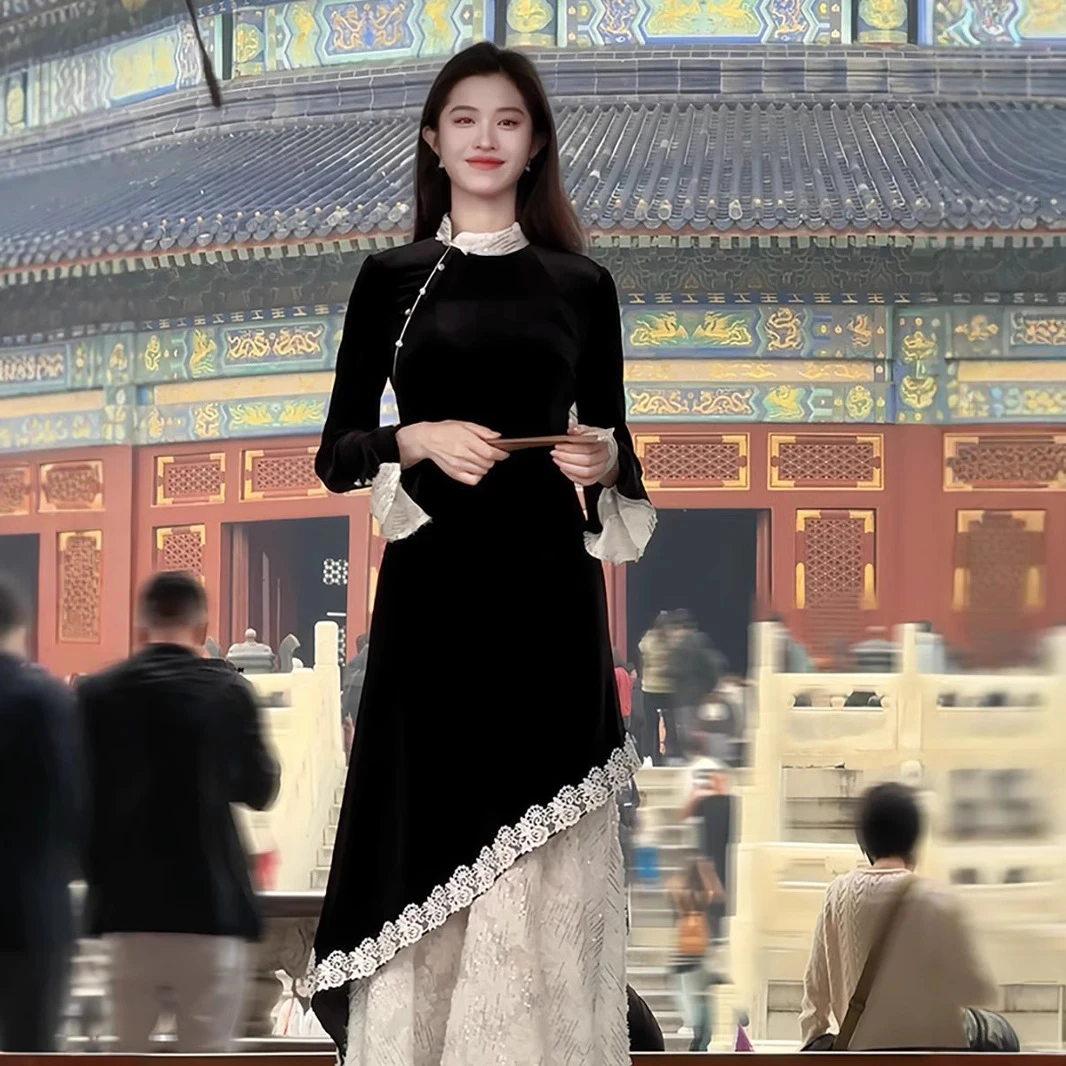 新中式改良版修身温柔旗袍2025秋冬季新款蕾丝拼接超仙女显瘦长裙