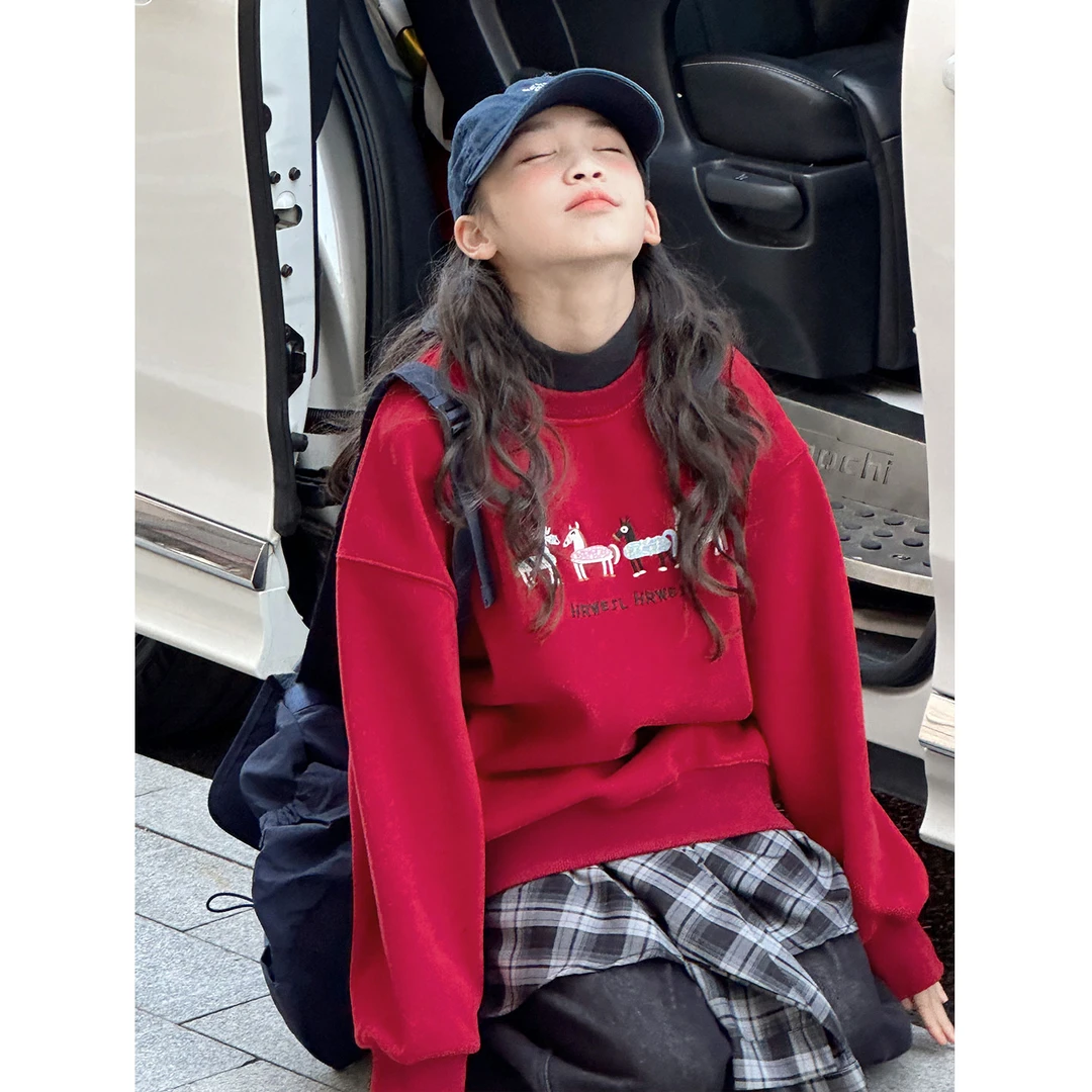 K30313孙小美半高领女童卫衣加绒加厚上衣秋冬装儿童红色新年装