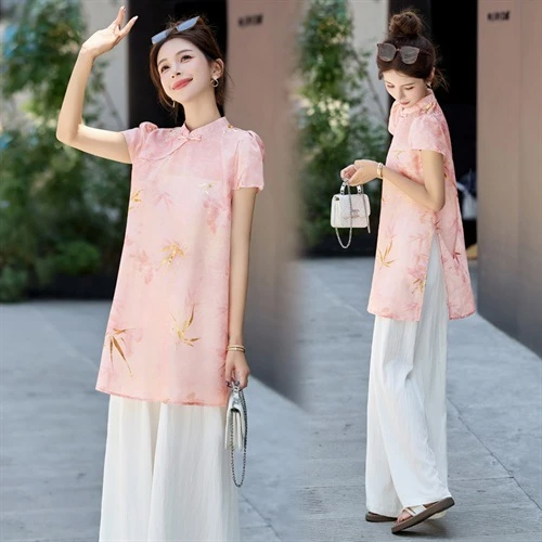 夏季新款女士显瘦轻薄新中式国风浅粉色旗袍阔腿裤套装夏装清新淡