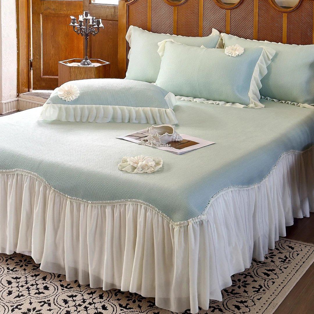 夏季小清新凉感冰丝床盖床裙凉席三件套蕾丝可水洗折叠软席子床品