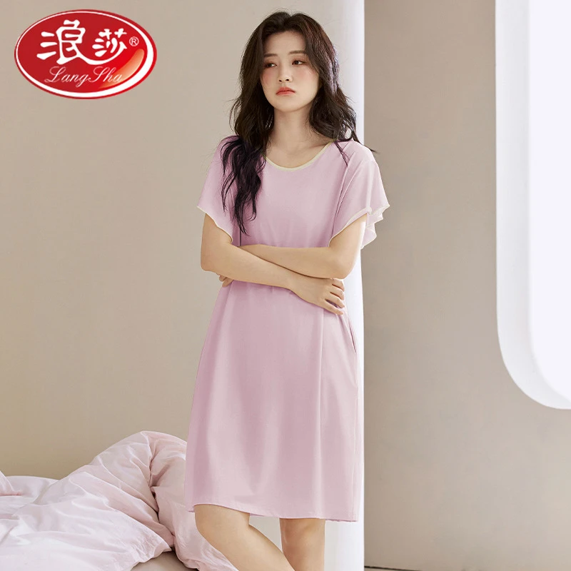 浪莎莫代尔棉夏季清凉女士睡衣柔软凉感纯色短袖睡裙宽松休闲家居