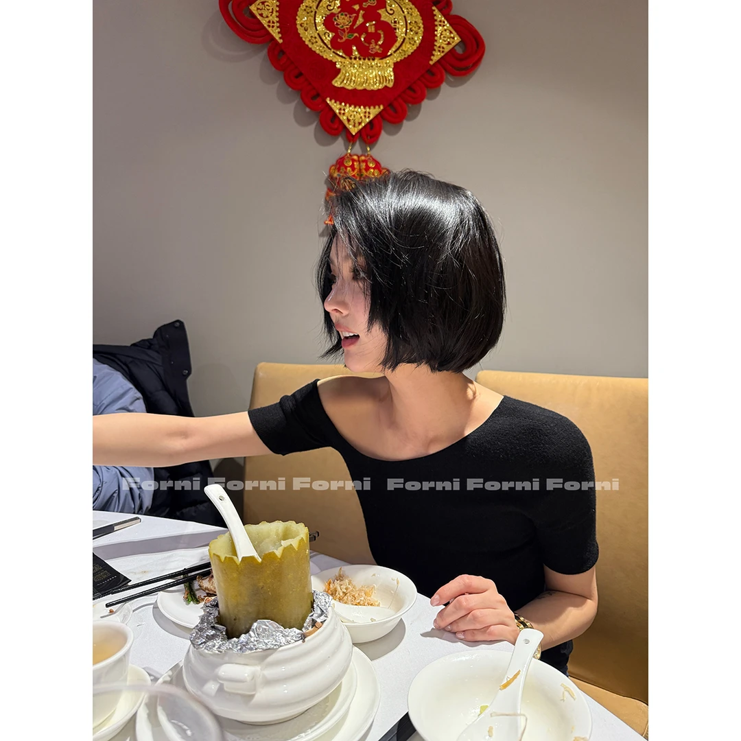 FORNI 随性自在 德国进口扬子纱桑蚕丝羊毛无缝一体斜肩短袖上衣