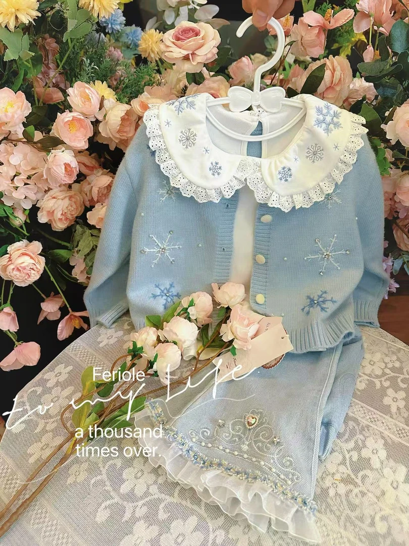 FLL-53365-儿童女童刺绣碎花公主蕾丝裤腿牛仔裤（秋款）