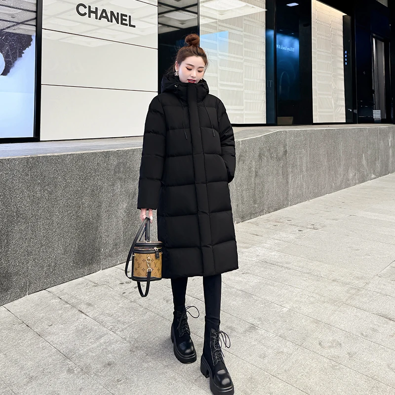 黑色长款白鸭绒羽绒服加厚男女羽绒服冬季宽松情侣过膝连帽