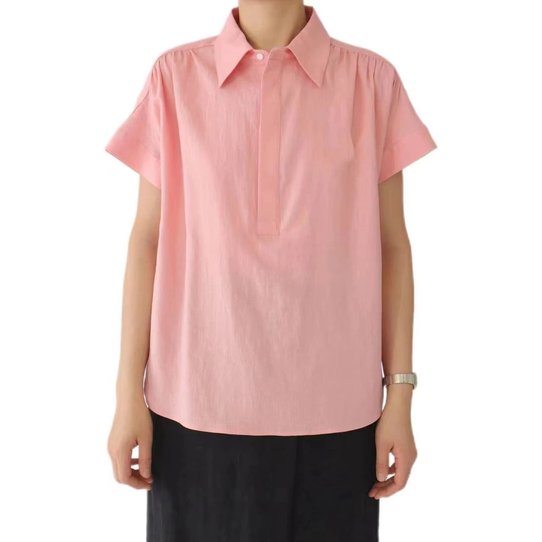 夏季高级感休闲宽松捏褶亚麻套头衬衫1076