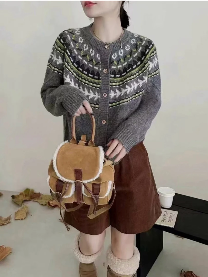 复古民族风费尔岛无缝工艺针织开衫外套女9488