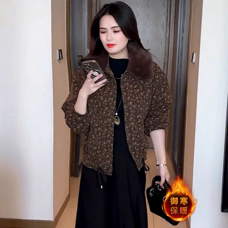 时尚加绒加厚短款外套女2025冬季新款小碎花带毛领保暖显瘦棉衣潮