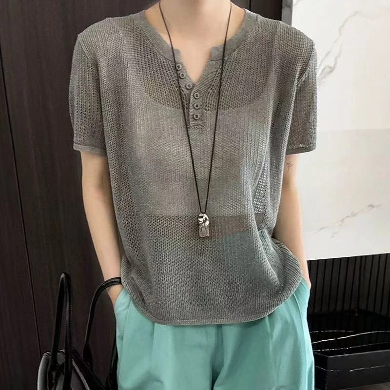 LB灰色剪刀领百搭夏季和纸纱宽松镂空气质冰感针织上衣