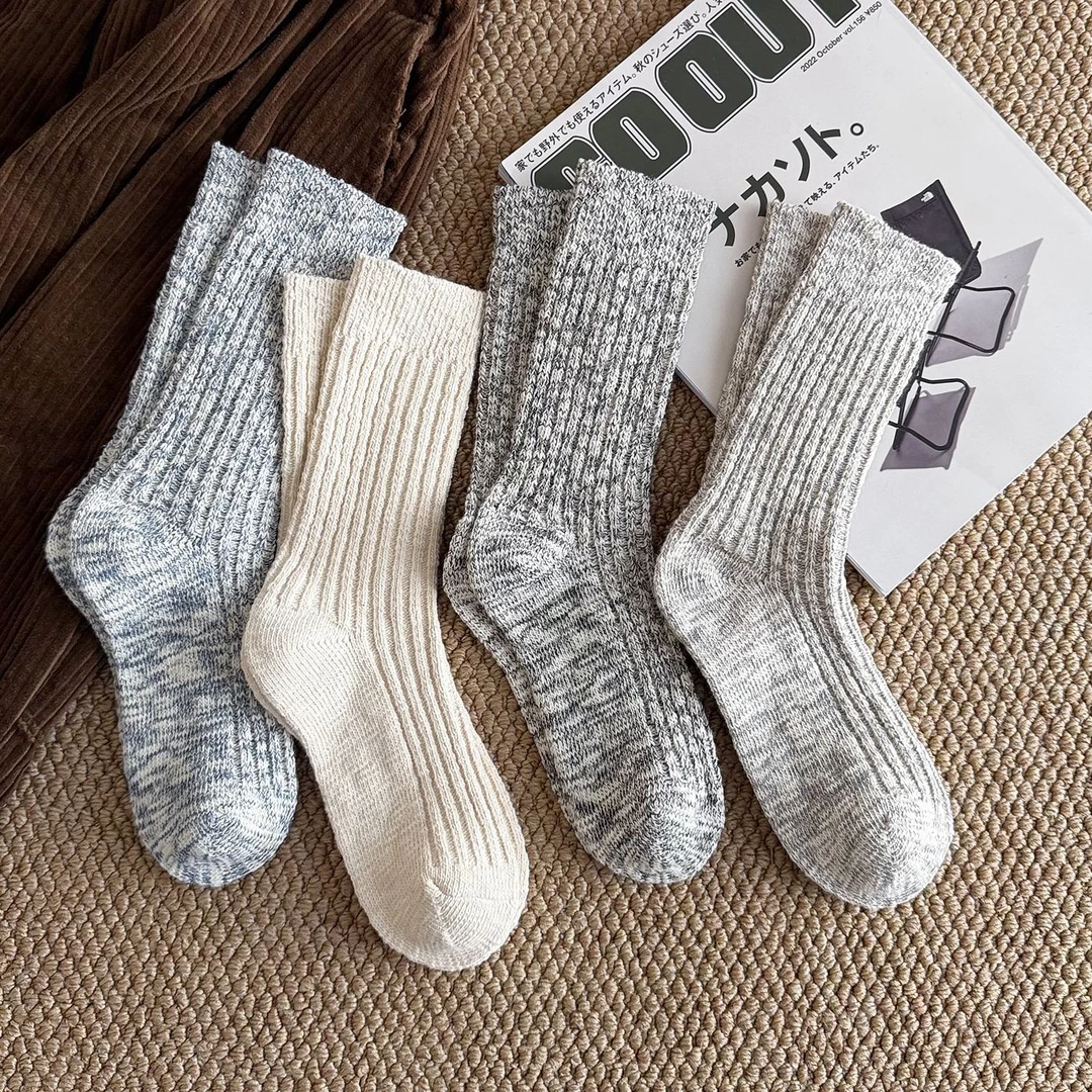 粗线袜子男女冬季加厚长袜潮流复古针织日系中筒黑色高帮长筒靴子