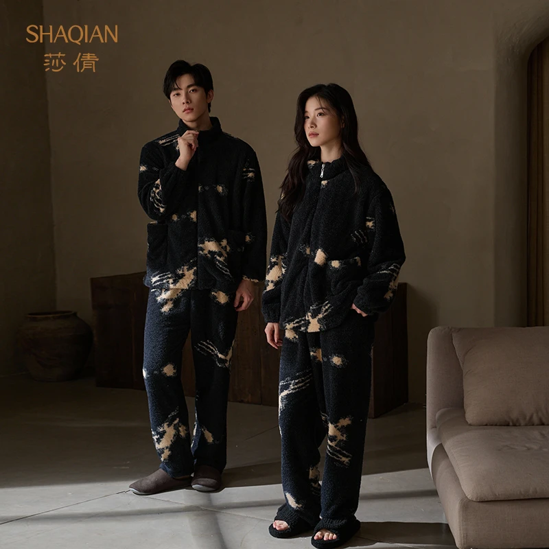 莎倩秋冬款半边绒睡衣情侣装一男一女加厚加绒珊瑚绒可外穿家居服