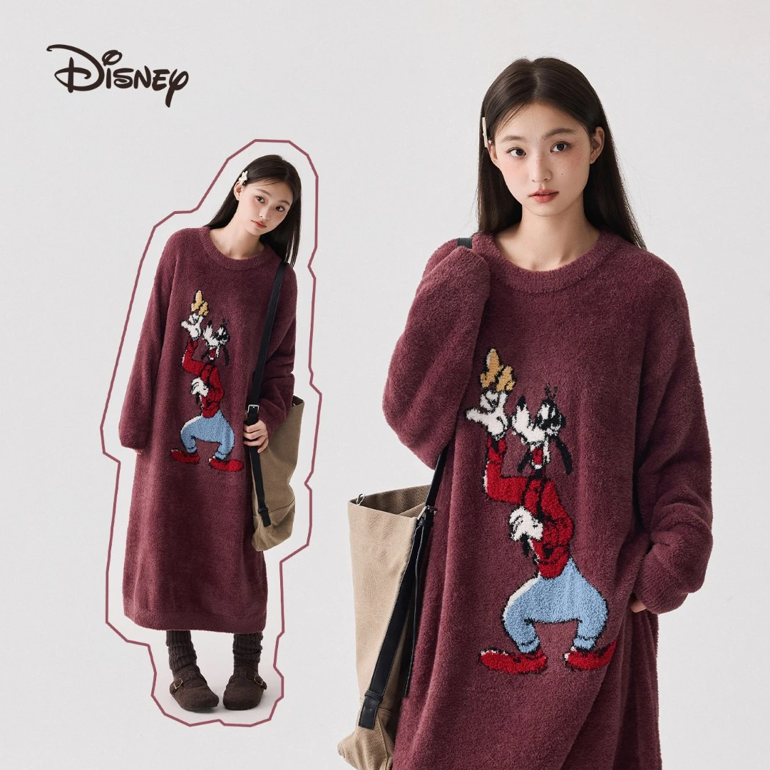 亲嘴猫迪士尼高飞兔毛绒可外穿加厚女卡通睡袍睡裙睡衣家居服秋冬