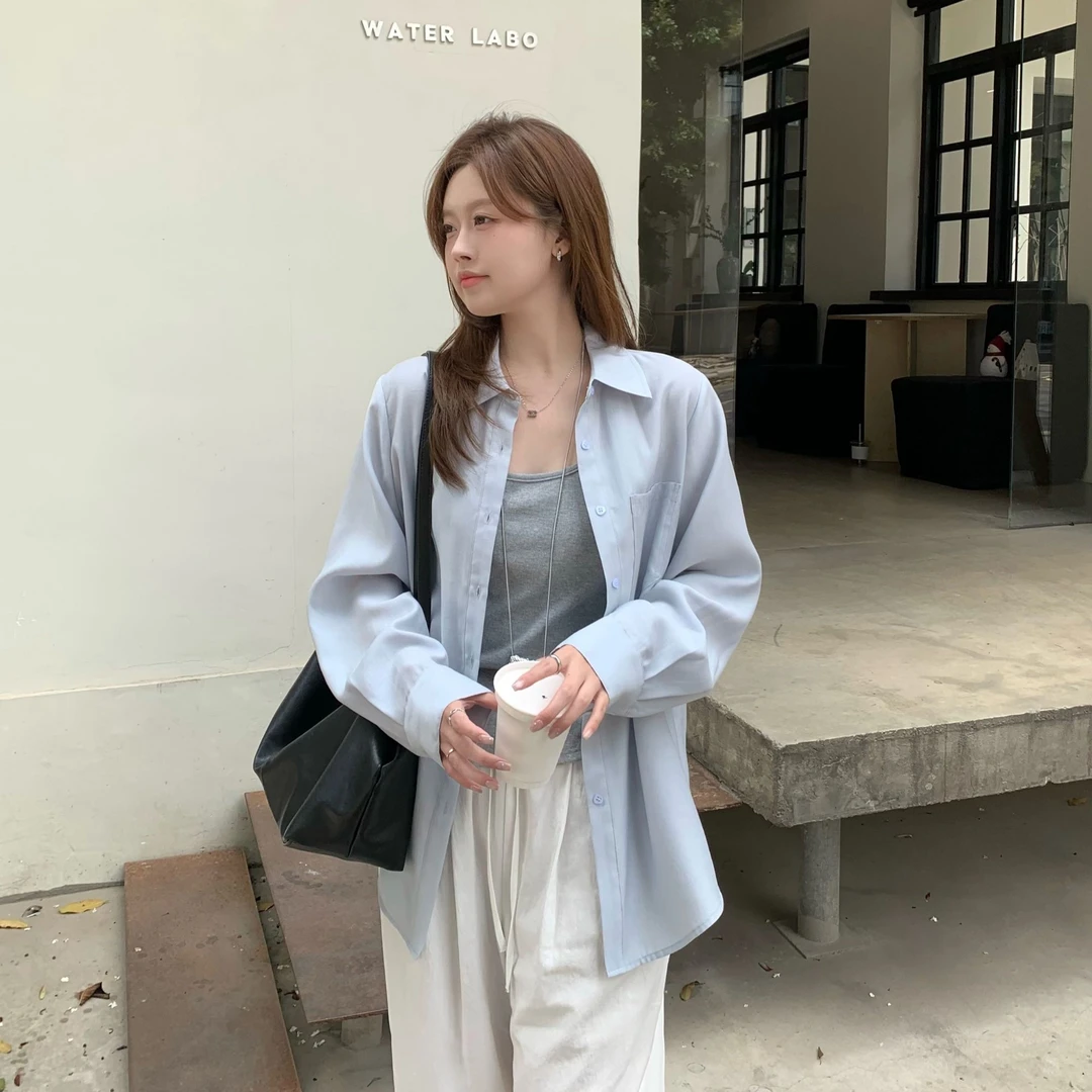 现货大婉酱微胖定制欧若风简约长袖宽松衬衫气质百搭衣服女 6790D