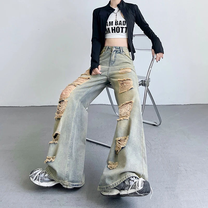 2025秋装薄款透气乞丐破洞直筒牛仔裤女水洗做旧高腰宽松阔腿拖地