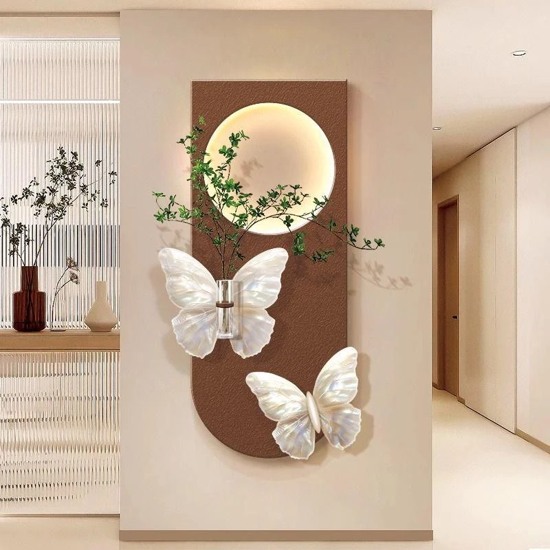 水培绿植玄关装饰画砂岩入户走廊尽头挂画奶油风客厅立体蝴蝶壁画