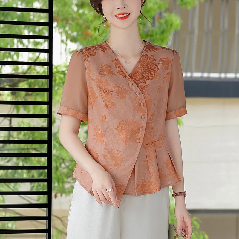 妈妈装夏装减龄雪纺小衫2025新款洋气T恤中式中年女夏季短袖上衣