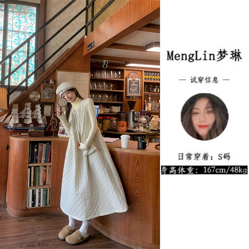 新款韩版宽松设计长款圆领减龄格纹棉衣背心连衣裙套装G0174