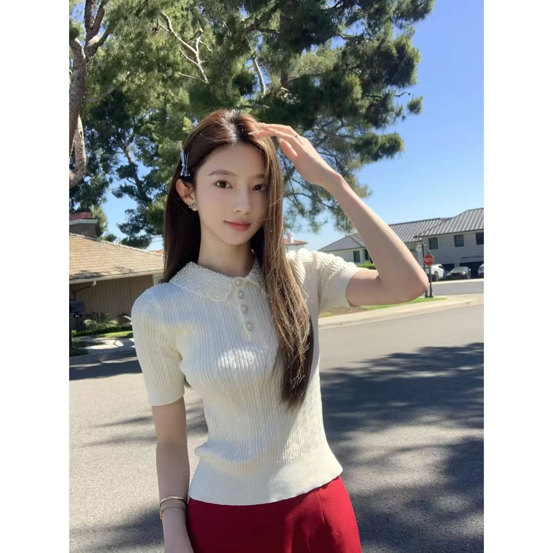 【盒子专享】繁星旧信  亮片翻领扭结竖纹修身针织T恤