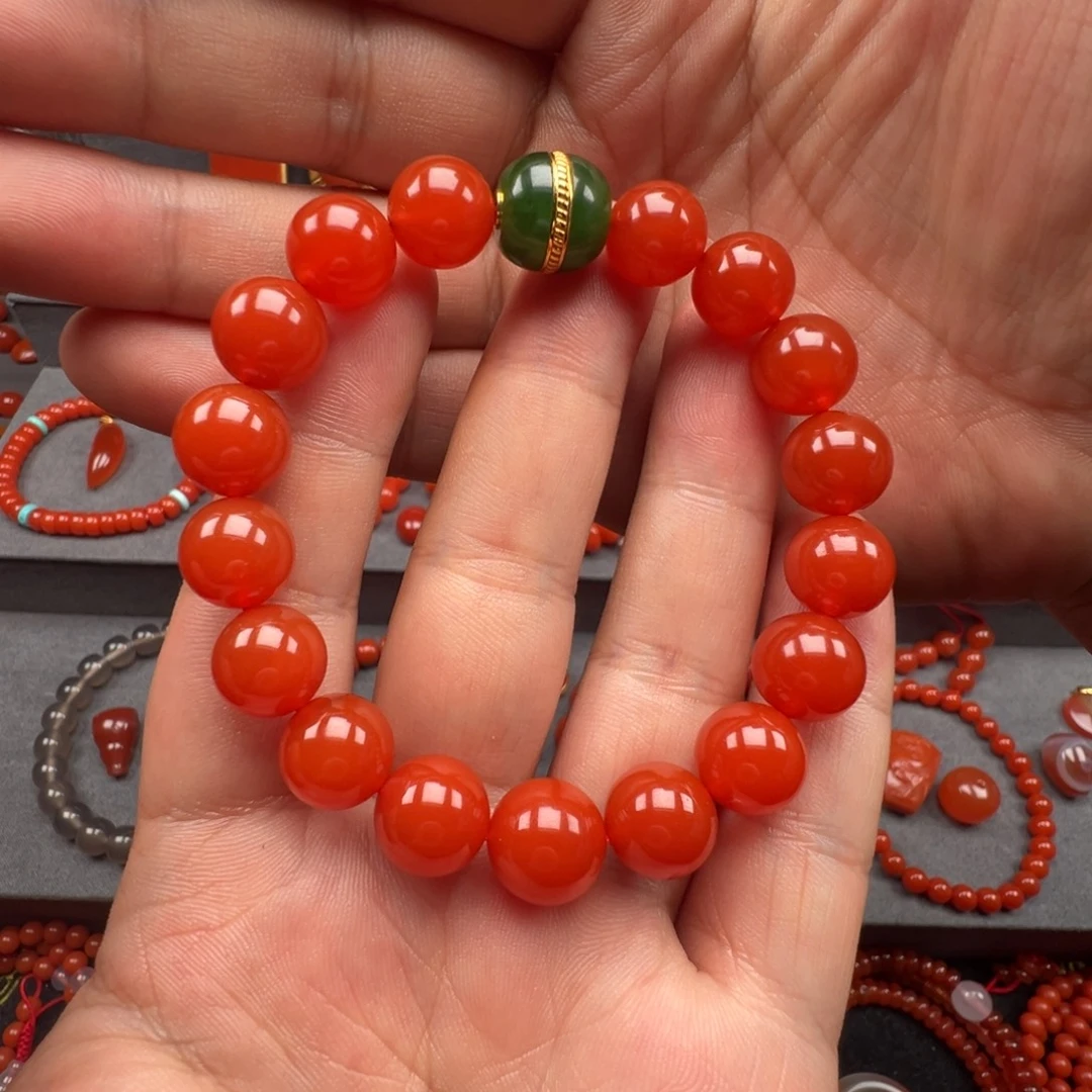 南红玛瑙18K金镶嵌diy 天花板顶级冰红手串全品无裂 10