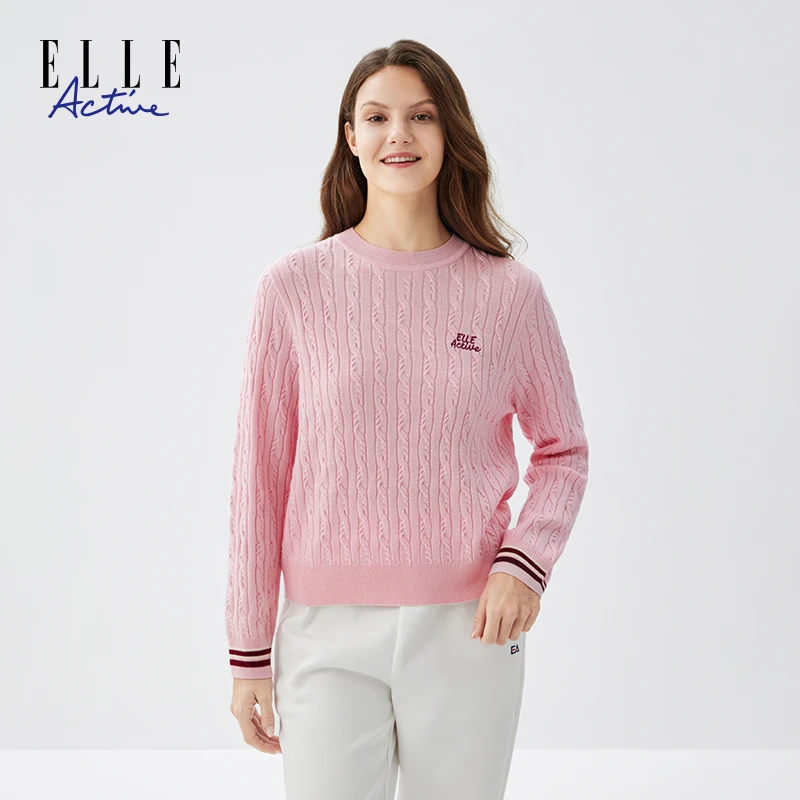 ELLE Active【含绵羊毛】肌理感绞花毛衣女款休闲柔软圆领套头上衣