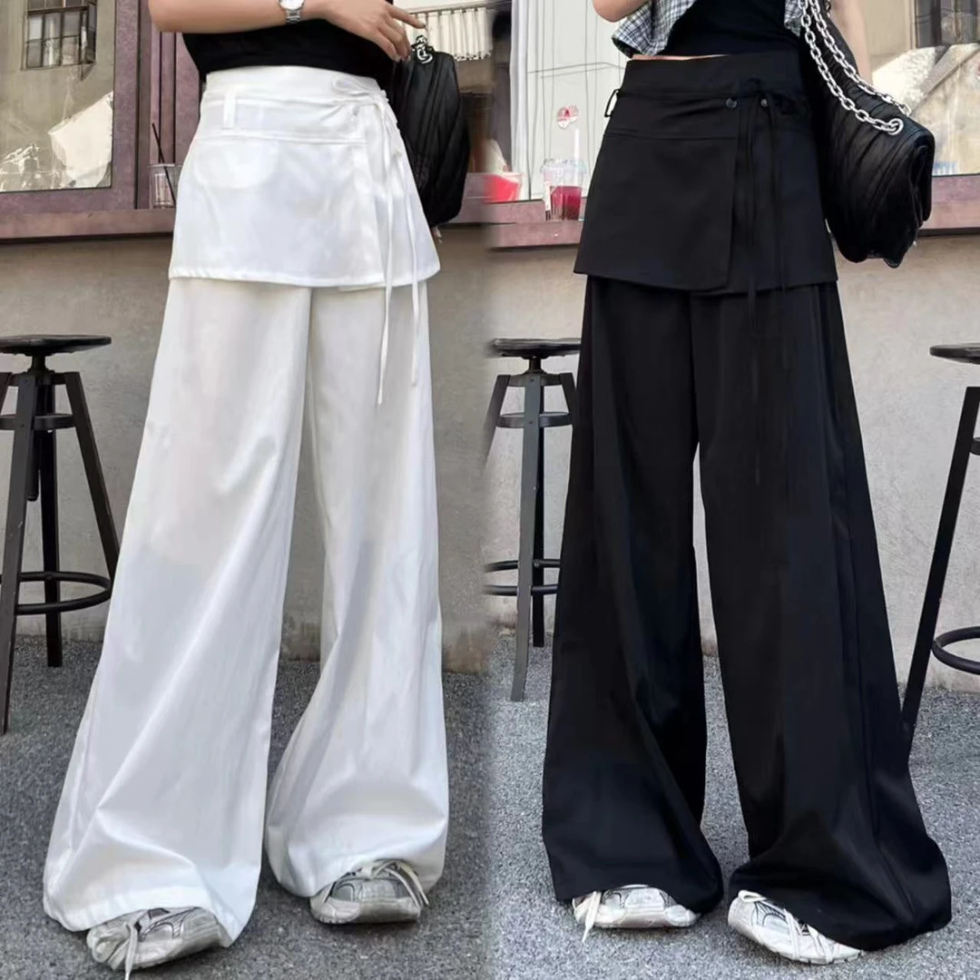 美式炸街冰凉感设计假两件阔腿裤夏季洋气百搭高腰显瘦休闲裤长裤