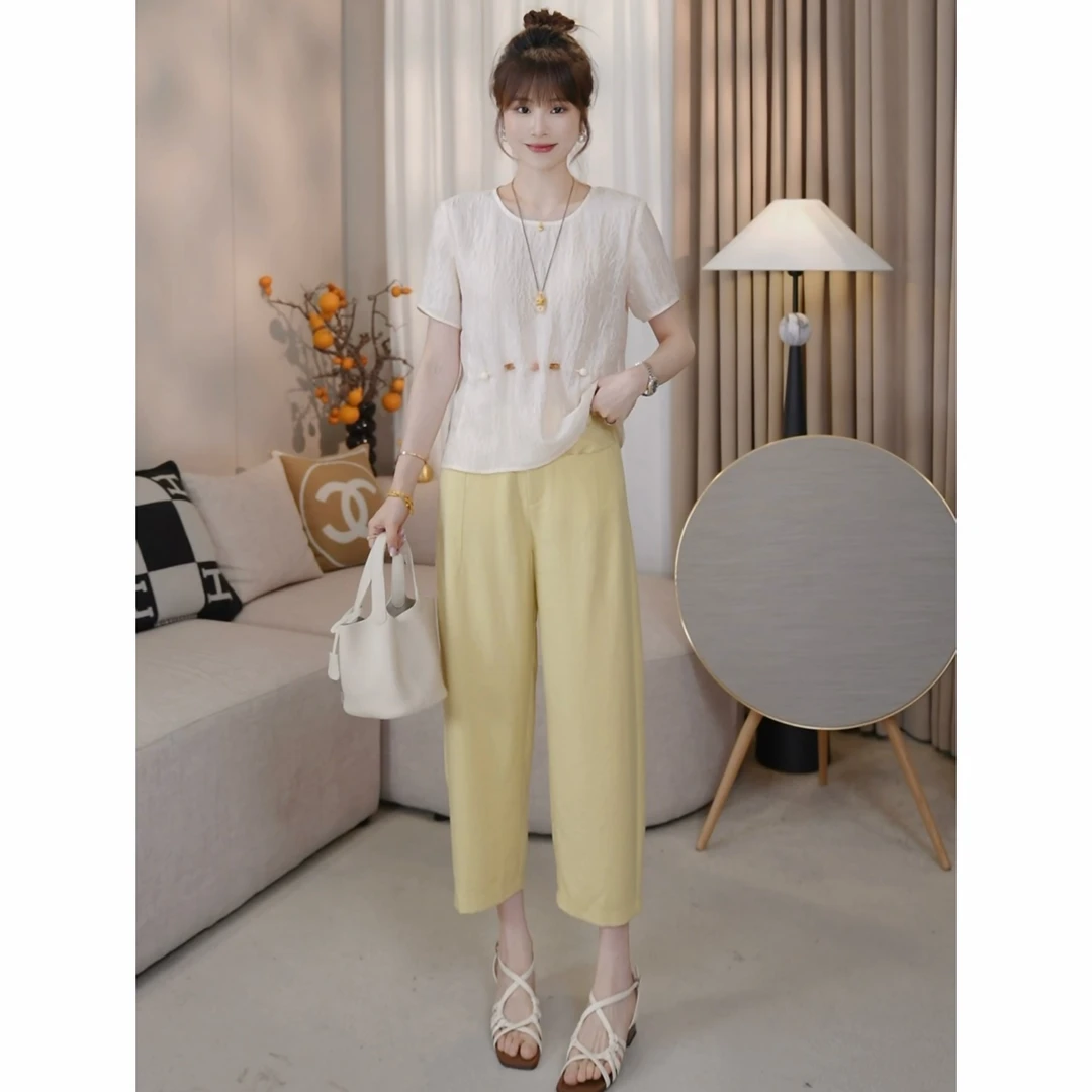 LMENY窄版小萝卜裤~纯色薄款锦纶亚麻显瘦九分裤25BK042