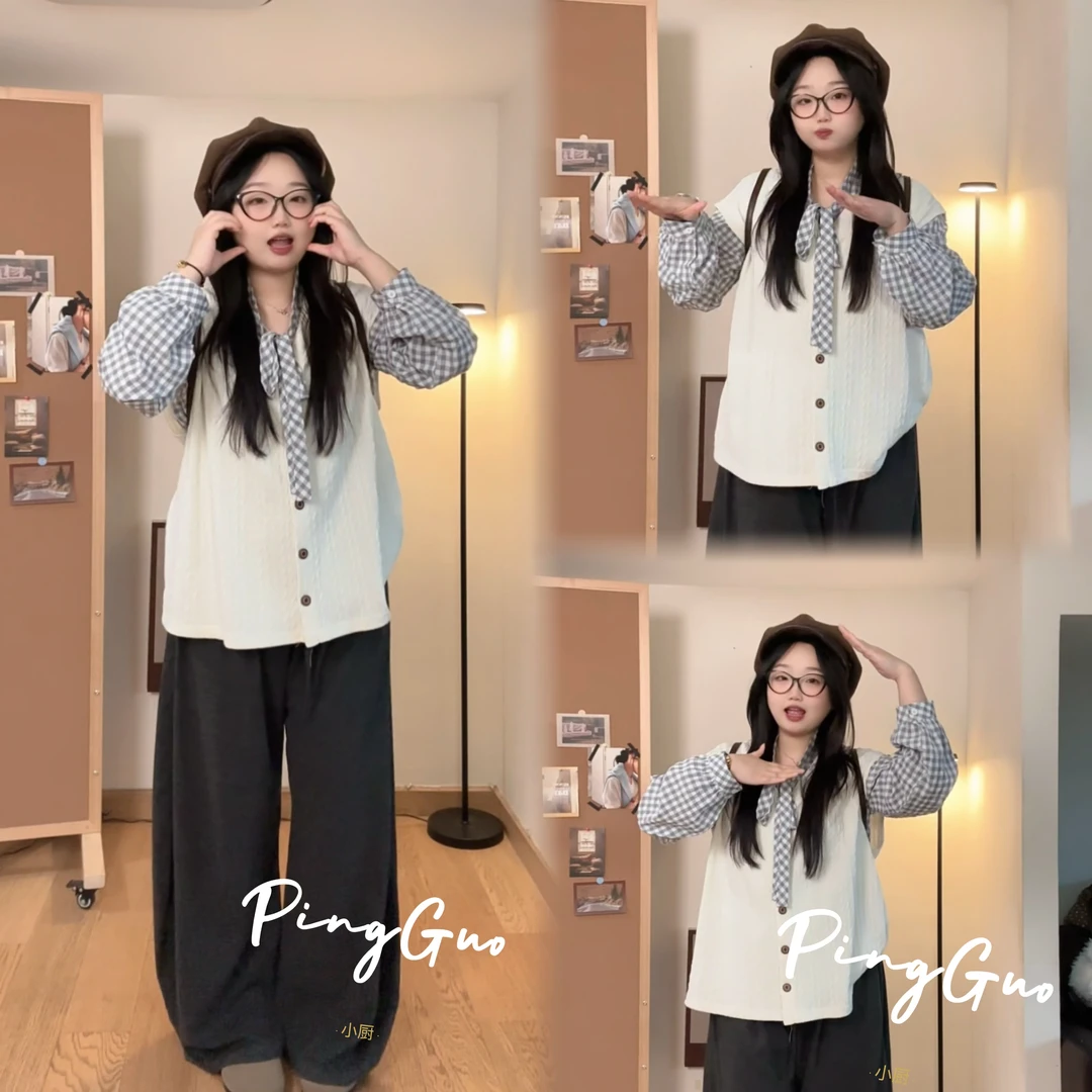 0217巴黎女主秋季新款学院风别致简约大码叠穿百搭衬衫上衣两件套