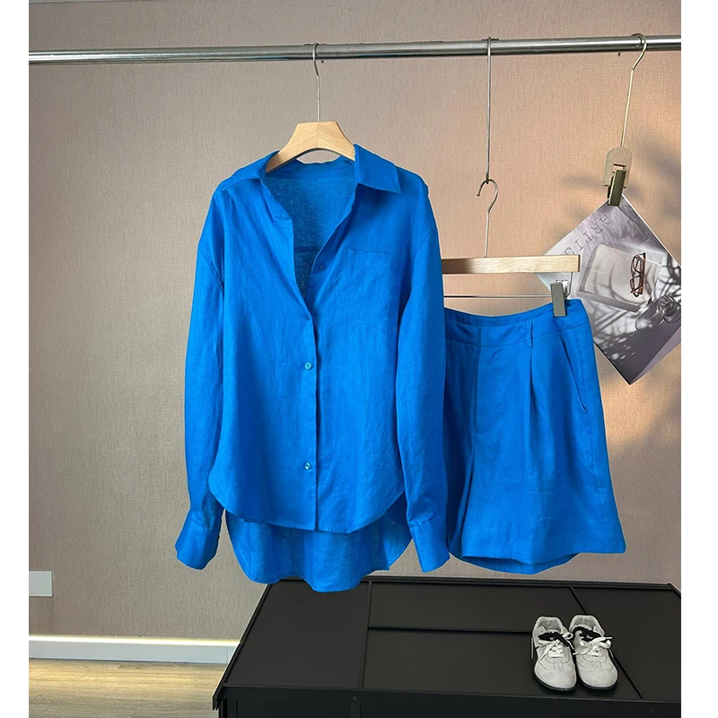 老钱风通勤亚麻衬衫套装女早秋时尚气质简约翻领防晒衣短裤两件套