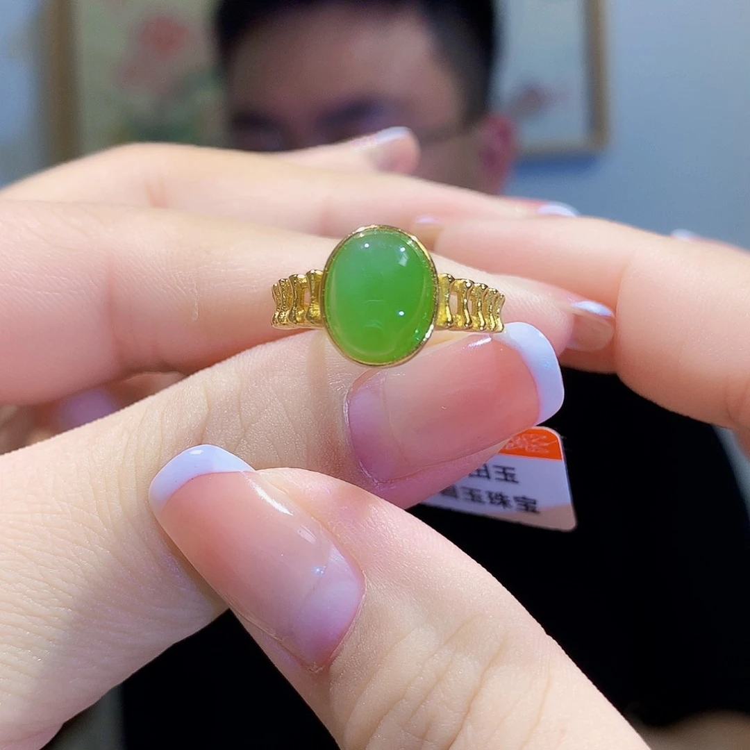 和田玉（碧玉）戒指银S925镀金镶嵌
