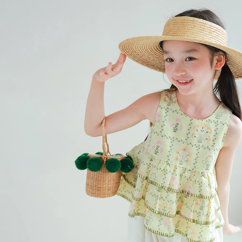 utouto大耳象女童贝壳碎花小衫2025夏季新款无袖薄上衣2507157