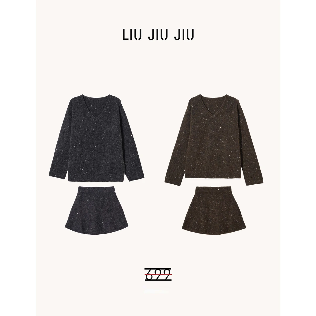 LIUJIUJIU 欧货时尚V领星空珠片设计感针织毛衣半裙两件套TZ5568L