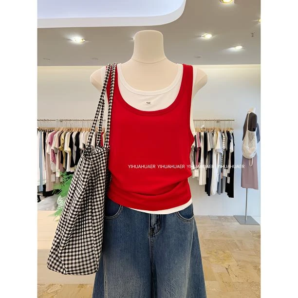 东大门韩版新款圆领纯色显白设计感休闲显瘦宽松拼接背心上衣3634