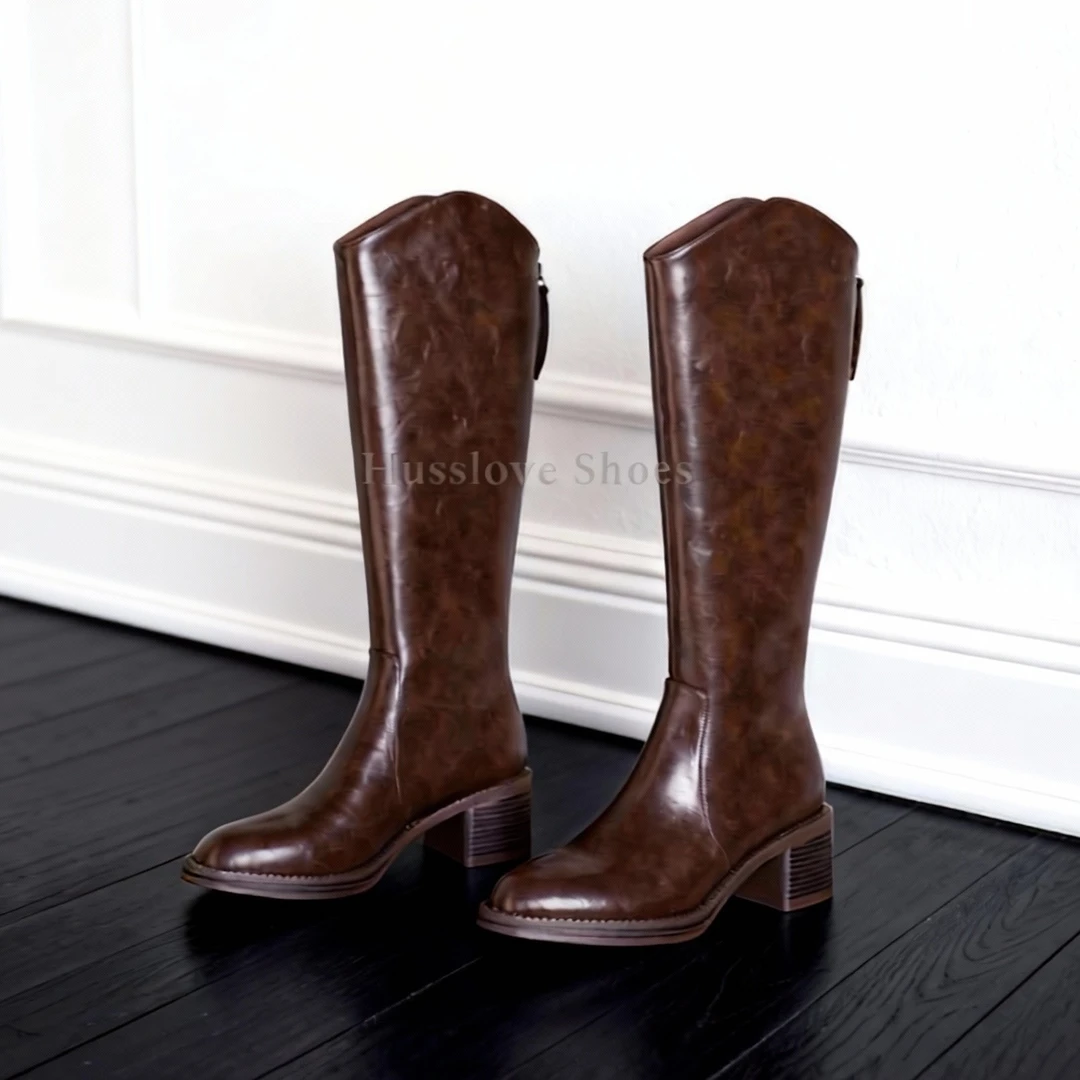 HUSSLOVE 牛皮·跟高5.5CM·百搭新款尖头粗高跟后拉链长靴骑士靴
