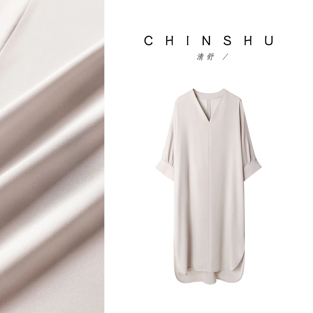 清舒【忘凡尘】松弛感重磅醋酸水滴领连衣裙极简舒适遮肉长裙13019#