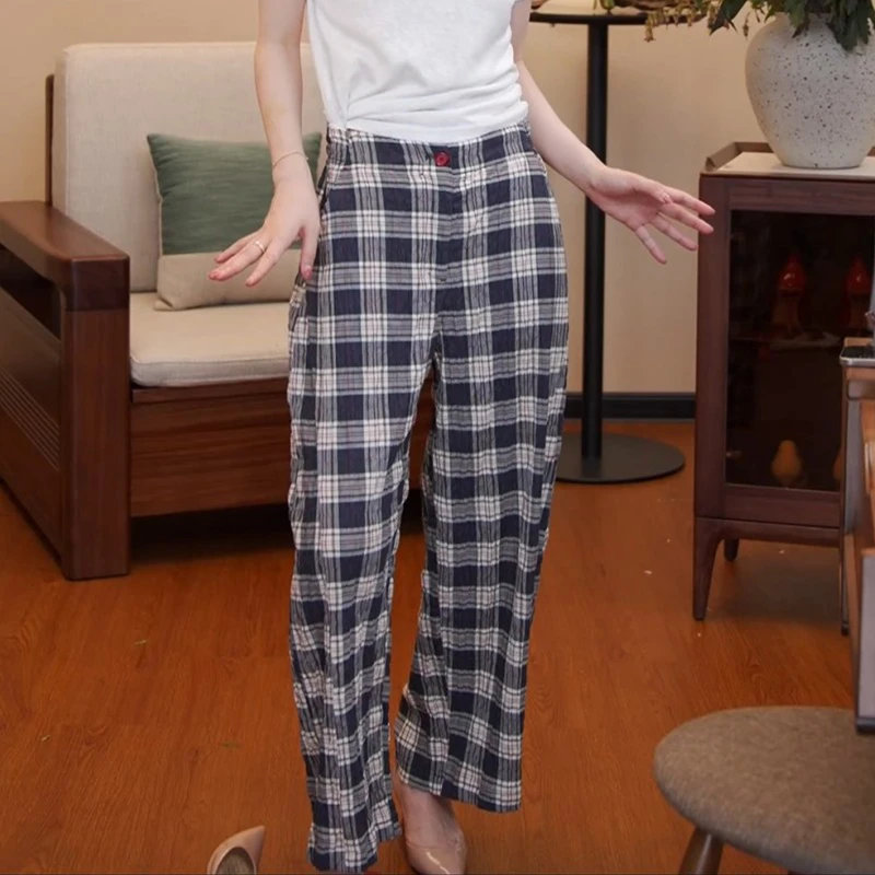 百搭美式宽松裤女2025春夏格子垂感慵懒风休闲格子显瘦阔腿裤女士