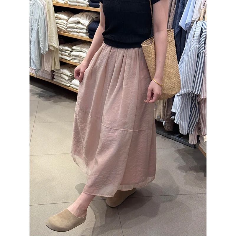 粉色欧根纱半身裙女夏季新款梨形身材高腰显瘦中长款a字蓬蓬纱裙
