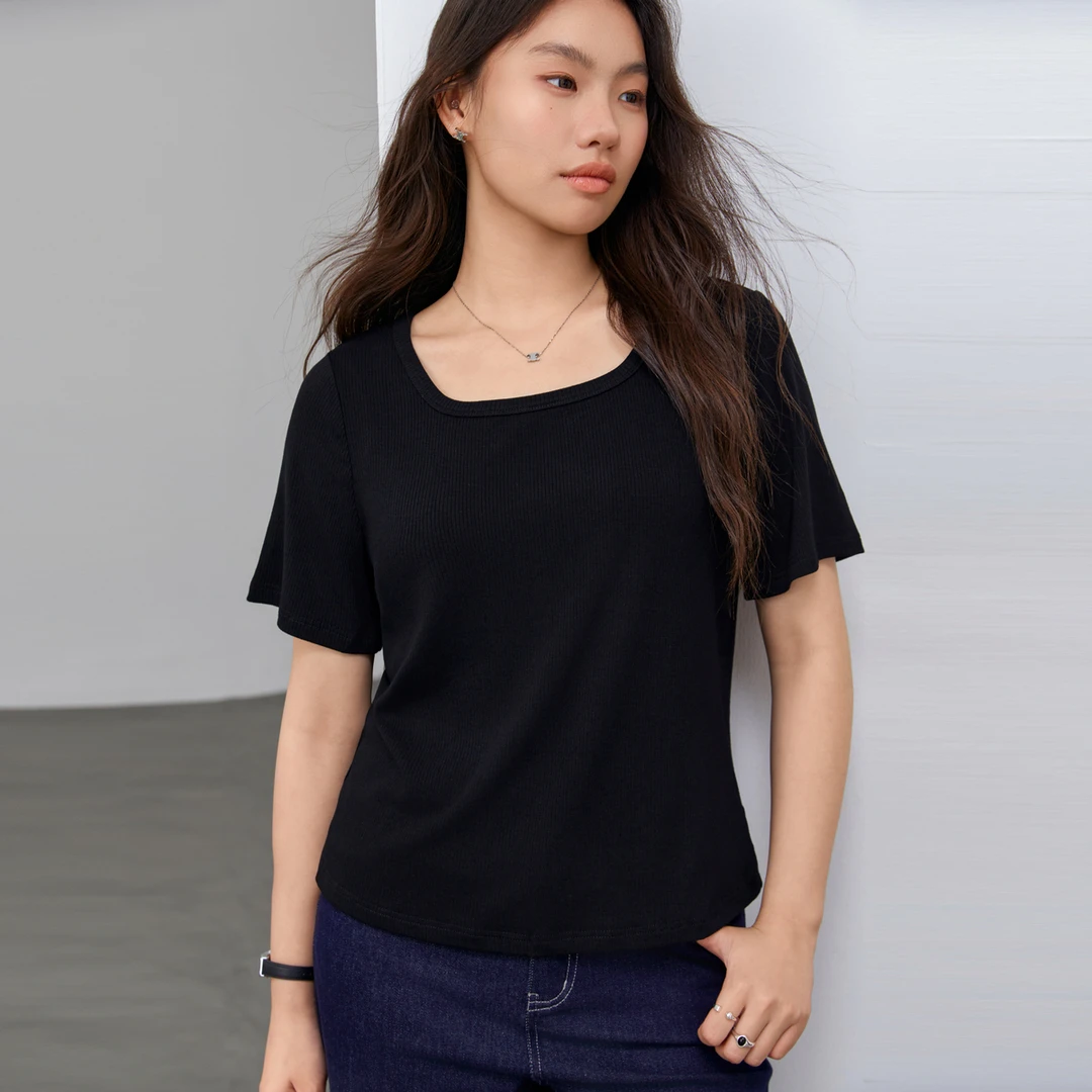 【欧若轻机能穿搭】纤莉秀A大码女装新款微胖气质显瘦方领T恤QJ5841
