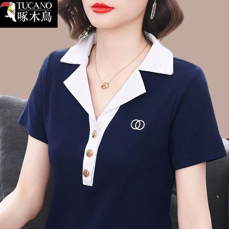 啄木鸟夏季短袖翻领拼色T恤2025新款女士洋气减龄v领设计感t恤ins