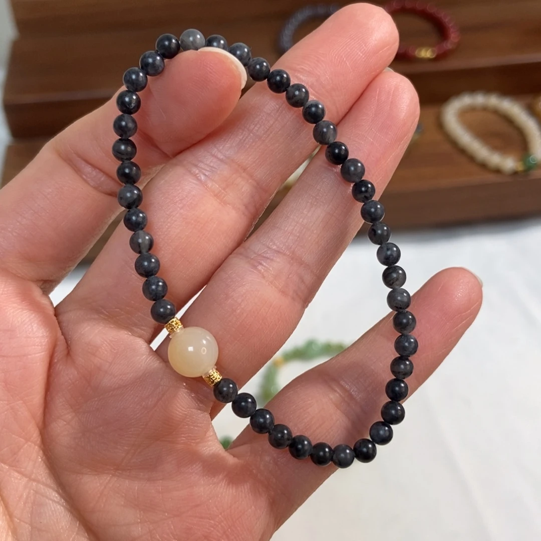 和田玉银S925镶嵌手链福利4mm墨玉