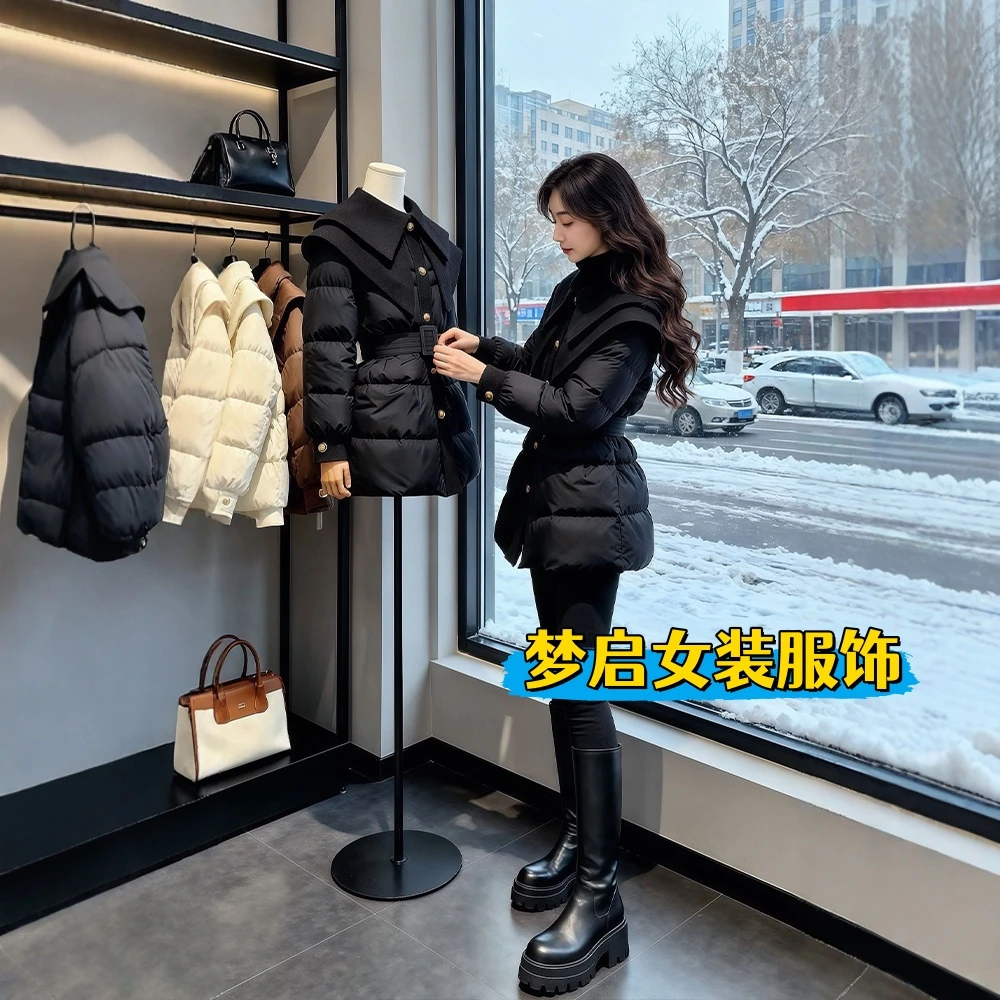 小香风大翻领中长款黑色棉服女冬季新款气质独特好看收腰棉衣外套