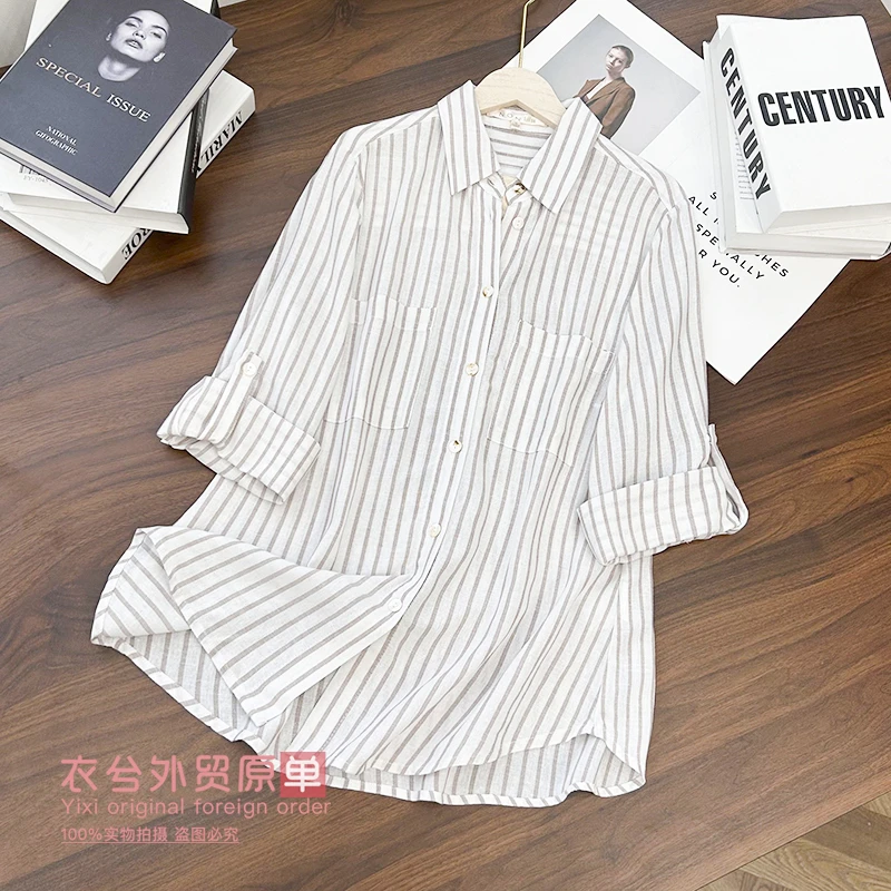 （时尚翻领亚麻衬衣）018夏季新款气质松弛感简约百搭可挽袖上衣D